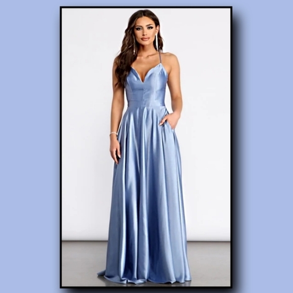 Evening Gown – Windsor – Slate Blue – Satin A‑Line Lace‑Up Back Maxi – Sz 5 - Picture 8 of 12